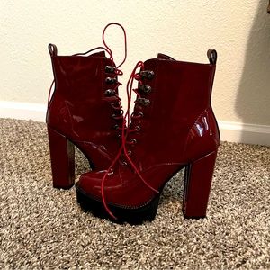 Dark red patent leather platform boots